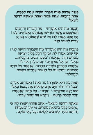 ‫כנֶּגֶּ ד א ְרבע בנות ִדב ָרה ת ֹו ָרה: אחַ ת חֲ כָ מה,‬
          ‫ָ‬          ‫ַ‬       ‫ּ‬     ‫ּ ְּ‬  ‫ָּ ֹ‬ ‫ַ ַּ‬           ‫ְּ‬
    ‫אחַ ת כּ ֹועסֶּ ת, אחַ ת תמה וְ אחַ ת שאינָה יודעת‬
      ‫ׁ ֶּ ֵ ּ ֹ ַ ַ‬      ‫ַ‬     ‫ַּ ָּ‬     ‫ַ‬     ‫ֶּ‬         ‫ַ‬
                                                   ‫לִ שאֹל .‬
                                                        ‫ְׁ‬

     ‫חֲ כָ מה מה היא אומרת? – מה העדות וְ החֻ קים‬
             ‫ַ ִ‬         ‫ָׁ ֵּ ֹ‬      ‫ָׁ‬   ‫ֹ ֶ ֶ‬         ‫ִ‬      ‫ַ‬     ‫ָ‬
 ‫וְ המשְּטים אֲ שר הו ִרישו אֲ בותינו וְ אמ ֹותינו לָׁ נו ?‬
               ‫ֵּ‬   ‫ִ‬            ‫ֹ ֵּ‬        ‫ֹ‬      ‫ֶ‬          ‫ַ ִ ְ ָׁ ִ‬
        ‫אף אתם אמרו לָׁ ה: על שום שאמ ֹותינו ָם הֵּ ן‬
                  ‫ַ‬   ‫ֵּ‬      ‫ֶ ִ‬        ‫ַ‬                 ‫ַ ַ ֶ ִ ְ‬
                                               ‫עדות לְ אותו הנֵּס.‬
                                                      ‫ֹ ֹ ַ‬             ‫ֵּ ֹ‬

‫כּ ֹועסֶּ ת מה היא אומרת? מה העֲ בודה הזֹאת לָׁ נו ?‬
                  ‫ַ‬      ‫ָׁ ֹ ָׁ‬     ‫ָׁ‬         ‫ֹ ֶ ֶ‬       ‫ִ‬           ‫ַ‬     ‫ֶּ‬
                                ‫ְ‬       ‫ְ‬
          ‫אף אתם אמרו לָׁ ה: ָם לָׁ ך חֵּ לֶ ק בלֵּ יל יְ ציאת‬
               ‫ִ ַ‬                                ‫ַ‬              ‫ַ ַ ֶ ִ ְ‬
       ‫מצ ַריִ ם הזֶה, שנֶאֱ מר: "בשכַ ר נָׁ שים צ ְדקנִ י ֹות...‬
                    ‫ִ ָׁ‬          ‫ִ‬         ‫ִ ְ‬      ‫ַ‬   ‫ֶ‬            ‫ַ‬           ‫ִ ְ‬
             ‫ֹ‬                 ‫ֹ ְ‬
           ‫נִ ְָ אֲ לו יִ ש ָׁראל ממצ ַריִ ם" וְ ַָ ם קולֵּ ך ָׁראוי לו‬
                                                    ‫ְ ֵּ ִ ִ ְ‬
‫ש ִישמע מתרונֵּן בשירת החֵּ רות, שנֶאֱ מר על מ ְריָׁם‬
        ‫ַ ַ ִ‬                ‫ֶ‬            ‫ַ‬      ‫ְ ִ ַ‬     ‫ֶ ָׁ ַ ִ ְ ֹ‬
         ‫הנביאה: "וַ תצֶ אנה כל הנשים אחֲריה בתְּים‬
            ‫ַ ֶ ָׁ ְ ֻ ִ‬            ‫ָׁ ַ ָׁ ִ‬                 ‫ֵּ‬          ‫ַ ְ ִ ָׁ‬
                                                                    ‫ובמחֹלֹת".‬   ‫ִ ְ‬

‫תמה מה היא אומרת? מה זֹאת ? וַ אֲ מ ְרתם אלֶ יה:‬
  ‫ָׁ‬      ‫ֵּ‬     ‫ַ ֶ‬              ‫ַ‬             ‫ֹ ֶ ֶ‬        ‫ִ‬    ‫ַ‬ ‫ַּ ָּ‬
 ‫"בכָׁ ל ד ֹור וָׁ דור חַ יָׁב אדם לִ ְראות את עצמו כאלו‬
       ‫ַ ְ ֹ ְ ִ‬          ‫ֶ‬   ‫ֹ‬           ‫ָׁ ָׁ‬            ‫ֹ‬           ‫ְ‬
     ‫הוא יָׁצָׁ א ממצ ַריִ ם ." "אדם" – כל אדם, שנֶאֱ מר:‬
        ‫ַ‬    ‫ֶ‬       ‫ָׁ ָׁ ָׁ‬       ‫ָׁ ָׁ‬                ‫ִ ִ ְ‬
          ‫"זָׁכָׁ ר ונְ קבָׁ ה ב ָׁראם ... וַ ִיק ָׁרא את שמם אדם".‬
               ‫ָׁ ָׁ‬   ‫ְ ָׁ‬     ‫ֶ‬     ‫ְ‬               ‫ְ ָׁ‬     ‫ֵּ‬

‫שאינָה יודעת לִ שאֹל - אתם ְּתחו וְ אמרו לָׁ ה: כי‬
 ‫ִ‬             ‫ִ ְ‬       ‫ַ ֶ ִ ְ‬          ‫ְׁ‬   ‫ׁ ֶּ ֵ ּ ֹ ַ ַ‬
    ‫שתְּים כלנו ביציאת מצריִ ם. מי יִ תן ובשמחַ ת‬
           ‫ֵּ ְ ִ ְ‬         ‫ִ‬    ‫ִ ְ ַ‬ ‫ֻ ָׁ ִ ִ ַ‬        ‫ֻ ָׁ ִ‬
     ‫חֵּ רותנו נִ היֶה קשובים לְ קולות כל באי עולָׁ ם .‬
             ‫ֹ‬     ‫ָׁ ָׁ ֵּ‬   ‫ֹ ֹ‬       ‫ִ‬    ‫ַ‬    ‫ְ‬   ‫ֵּ‬
 