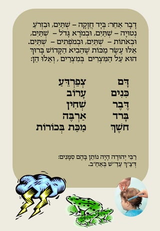 ‫דבָׁ ר אחֵּ ר: ביָׁד חזָׁקה - שתיִ ם, ובזְ רֹע‬
   ‫ַ‬       ‫ִ‬         ‫ְ ַ‬          ‫ֲ ָׁ‬     ‫ְ‬      ‫ַ‬          ‫ָׁ‬
 ‫נְ טויָׁה - שתיִ ם, ובמ ָֹׁרא ָדֹל - שתיִ ם,‬
        ‫ְ ַ‬              ‫ָׁ‬         ‫ְ‬        ‫ְ ַ‬
‫ובאֹתות - שתיִ ם, ובמְֹּתים - שתיִ ם.‬
       ‫ְ ַ‬             ‫ְ ְ ִ‬           ‫ְ ַ‬          ‫ֹ‬   ‫ְ‬
  ‫ָׁ ְ‬
 ‫אלו עשר מכ ֹות שהֵּ ביא הקדוש ברוך‬
                ‫ַ ָׁ ֹ‬        ‫ֶ ִ‬             ‫ֶ ֶ ַ‬       ‫ֵּ‬
 ‫הוא על המצ ִרים במצ ַרים , וְ אלו הֵּ ן:‬
             ‫ֵּ‬             ‫ְ ִ ְ‬        ‫ַ ִ ְ‬        ‫ַ‬


          ‫צפֵ ְרדע‬
          ‫ֵּ ַ‬           ‫ְ‬                       ‫דם‬      ‫ָּ‬
              ‫ערוב‬‫ָ ֹ‬                          ‫כנִ ים‬     ‫ִּ‬
              ‫שחין‬ ‫ְׁ ִ‬                         ‫דבֶּ ר‬   ‫ֶּ ּ‬
             ‫א ְרבה‬
               ‫ַ ֶּּ‬                            ‫ברד‬   ‫ָּ‬
    ‫מכת בכורות‬
      ‫ְּ ֹ ֹ‬        ‫ַ ַּ‬                       ‫ׁ ֶּ ְ‬
                                               ‫חשך‬


                 ‫ַרבי יְ הודה היָׁה נותן בהֶ ם סמנִ ים:‬
                       ‫ִ ָׁ‬   ‫ֹ ֵּ ָׁ‬     ‫ָׁ‬  ‫ָׁ‬      ‫ִ‬
                                ‫עד"ש באחַ "ב.‬
                                      ‫ְ ַ‬    ‫ַ ַ‬ ‫ְדצַ "ךְ‬
 