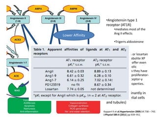 •Angiotensin type 1
                   receptor (AT1R)
                          •mediates most of the
                          Ang II effects
Lower Affinity
                          •Trigerrs aldosterone
                          release

                          •Telmisartan or losartan
                          with its metabolite XP
                          3179, might offer even
                          more metabolic
                          protection as they have
                          peroxisome proliferator-
                          activated receptor-γ
                          activating properties.

                   •AT4R : predominantly in
                   kidney (endothelial cells
                   and tubules)

                 Kappert K et al.Hypertension 2009;54:738 – 743.
                 J Physiol 589.4 (2011) pp 939–951
 