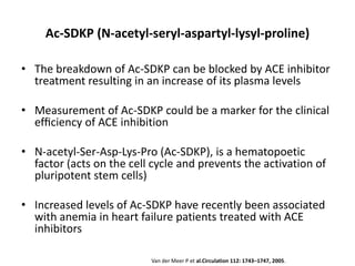 Ac-SDKP (N-acetyl-seryl-aspartyl-lysyl-proline)

• The breakdown of Ac-SDKP can be blocked by ACE inhibitor
  treatment resulting in an increase of its plasma levels

• Measurement of Ac-SDKP could be a marker for the clinical
  efﬁciency of ACE inhibition

• N-acetyl-Ser-Asp-Lys-Pro (Ac-SDKP), is a hematopoetic
  factor (acts on the cell cycle and prevents the activation of
  pluripotent stem cells)

• Increased levels of Ac-SDKP have recently been associated
  with anemia in heart failure patients treated with ACE
  inhibitors

                          Van der Meer P et al.Circulation 112: 1743–1747, 2005.
 