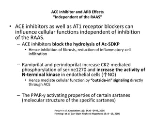 ACE Inhibitor and ARB Effects
                      “Independent of the RAAS”

• ACE inhibitors as well as AT1 receptor blockers can
  influence cellular functions independent of inhibition
  of the RAAS.
   – ACE inhibitors block the hydrolysis of Ac-SDKP
      • Hence inhibition of fibrosis, reduction of inflammatory cell
        infiltration

   – Ramiprilat and perindoprilat increase CK2-mediated
     phosphorylation of serine1270 and increase the activity of
     N-terminal kinase in endothelial cells (↑NO)
      • Hence mediate cellular function by “outside-in” signaling directly
        through ACE

   – The PPAR-γ activating properties of certain sartanes
     (molecular structure of the specific sartanes)
                       Peng H et al. Circulation 112: 2436 –2445, 2005
                       Fleming I et al. Curr Opin Neph-rol Hypertens 15: 8 –13, 2006
 