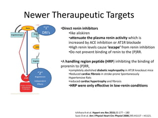 Newer Theraupeutic Targets
          “1”    •Direct renin inhibitors
         DRI’s        •like aliskiren
                      •attenuate the plasma renin activity which is
                      increased by ACE inhibition or AT1R blockade
                      •High renin levels cause ‘escape’ from renin inhibition
                      •Do not prevent binding of renin to the (P)RR.

                 •A handling region peptide (HRP) inhibiting the binding of
                 prorenin to (P)RR,
                      •completely abolished diabetic nephropathy in AT1R knockout mice
    “2”               •Reduced cardiac ﬁbrosis in stroke-prone Spontaneously
  Angiotensin
                      Hypertensive Rats
  Independent         •reduced cardiac hypertrophy and ﬁbrosis
     Effects
                      •HRP were only effective in low-renin conditions




                          Ichihara A et al. Hypert ens Res 2010;33:177 – 180
                          Susic D et al. Am J Physiol Heart Circ Physiol 2008;295:H1117 – H1121.
 