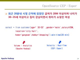 OpenSource CEP : Esper

       최근 20분내 시청 근처에 있었던 급여가 20M 이상이며 나이가
        30~35세 이상이고 집이 강남이면서 취미가 쇼핑인 여성



    select * from customer(age=’30~35’,gender='male',salary>20M,
                 location='city hall',
                 home='gangnam',hobby='shopping').win:time(20 min)



                Volume : Analytics           Velocity : Real-Time
                  (Apache Hadoop)                (CEP; Esper)



Apache Hadoop                                                        24
 