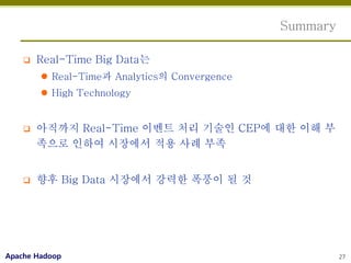 Summary

       Real-Time Big Data는
         Real-Time과 Analytics의 Convergence
         High Technology


       아직까지 Real-Time 이벤트 처리 기술인 CEP에 대한 이해 부
        족으로 인하여 시장에서 적용 사례 부족


       향후 Big Data 시장에서 강력한 폭풍이 될 것




Apache Hadoop                                           27
 