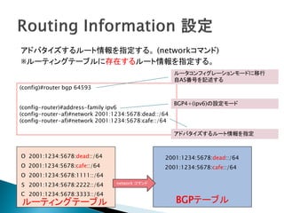 アドバタイズするルート情報を指定する。 (networkコマンド)
※ルーティングテーブルに存在するルート情報を指定する。
                                                      ルータコンフィグレーションモードに移行
                                                      自AS番号を記述する
(config)#router bgp 64593

                                                      BGP4+(ipv6)の設定モード
(config-router)#address-family ipv6
(config-router-af)#network 2001:1234:5678:dead::/64
(config-router-af)#network 2001:1234:5678:cafe::/64

                                                      アドバタイズするルート情報を指定



O 2001:1234:5678:dead::/64                       2001:1234:5678:dead::/64
O 2001:1234:5678:cafe::/64                       2001:1234:5678:cafe::/64
O 2001:1234:5678:1111::/64
                                 network コマンド
S 2001:1234:5678:2222::/64
C 2001:1234:5678:3333::/64
ルーティングテーブル                                            BGPテーブル
 