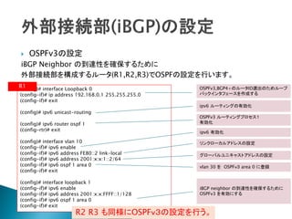    OSPFv3の設定
iBGP Neighbor の到達性を確保するために
外部接続部を構成するルータ(R1,R2,R3)でOSPFの設定を行います。
R1
(config)# interface Loopback 0                      OSPFv3,BGP4+のルータID選出のためループ
(config-if)# ip address 192.168.0.1 255.255.255.0   バックインタフェースを作成する
(config-if)# exit
                                                    ipv6 ルーティングの有効化
(config)# ipv6 unicast-routing
                                                    OSPFv3 ルーティングプロセス１
(config)# ipv6 router ospf 1                        有効化
(config-rtr)# exit                                  ipv6 有効化

(config)# interface vlan 10                         リンクローカルアドレスの設定
(config-if)# ipv6 enable
(config-if)# ipv6 address FE80::2 link-local        グローバルユニキャストアドレスの設定
(config-if)# ipv6 address 2001:x:x:1::2/64
(config-if)# ipv6 ospf 1 area 0                     vlan 30 を OSPFｖ３ area 0 に登録
(config-if)# exit

(config)# interface loopback 1
(config-if)# ipv6 enable                            iBGP neighbor の到達性を確保するために
(config-if)# ipv6 address 2001:x:x:FFFF::1/128      OSPFv3 を有効にする
(config-if)# ipv6 ospf 1 area 0
(config-if)# exit
                       R2 R3 も同様にOSPFｖ３の設定を行う。
 