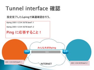 設定完了したらpingで疎通確認を行う。

 #ping 2001:1234:5678:beef::1

 #ping 2001:1234:5678:beef::2


 Ping に応答すること！



                                みんな大好きping
                                    ipip




2001:1234:5678:beef::1
                                             2001:1234:5678:beef::2
                                 INTERNET
 