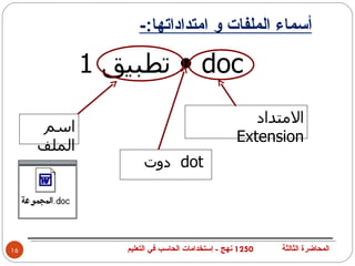 ‫أسماء الملفات و امتداداتها:-‬

             ‫‪  doc‬تطبيق 1‬
                                                   ‫المتداد‬
      ‫اسم‬
                                                ‫‪Extension‬‬
     ‫الملف‬
                     ‫‪ dot‬دوت‬




‫61‬              ‫0521 نهج - إستخدامات الحاسب في التعليم‬   ‫المحاضرة الثالثة‬
 