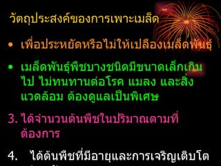 วัตถุประสงค์ของการเพาะเมล็ด

• เพื่อประหยัดหรือไม่ให้เปลืองเมล็ดพันธุ์
• เมล็ดพันธุ์พืชบางชนิดมีขนาดเล็กเกิน
  ไป ไม่ทนทานต่อโรค แมลง และสิ่ง
  แวดล้อม ต้องดูแลเป็นพิเศษ
3. ได้จำานวนต้นพืชในปริมาณตามที่
   ต้องการ
4. ได้ต้นพืชทีมีอายุและการเจริญเติบโต
              ่
 