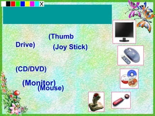 (Thumb
Drive)       (Joy Stick)


(CD/DVD)

  (Monitor)
         (Mouse)
 