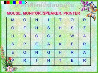 MOUSE, MONITOR, SPEAKER, PRINTER
 M     O    N     I   T    O       R

 O     F    H    S    H    S       Z

 U     B    G    G    A    W       A

  S    P    E    A    K    E       R

  E    O    N    G    H    R       A

  P    R    I    N    T    E       R
 