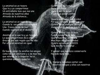 La amistad es un tesoro                 Quiero ser tu fortaleza
Que tu y yo compartimos                 En tu debilidad
Un entrañable lazo que nos une          Quiero ser tu apoyo
Através de nuestros años                Y con tigo poder contar.
Através de la distancia…
                                        Quiero que nunca me olvides
La amistad es un rayo de luz            Por que yo nunca te voy a olvidar
Cuando la oscuridad nos envuelve        Quiero estar siempre contigo
Una fresca brisa de mar                 Aunque cerca de ti no pueda estar.
Cuando vagamos en el desierto .
                                        Quiero pensar que ya nada
Amistad es lo que tu y yo tenemos       Podrá romper este lazo
Lo que compartimos día a día …          Que a nuestras almas une
Gracias por ese regalo que me das       Mas haya de la hermandad
Por ut gran amistad sin igual.          Quiero agradecer a DIOS
                                        Que me dio tu amistad .

Es bueno saber te existen los amigos    Y pensar que merezco conservarla
como los que uno tiene y a de mas hay   No pido nada mas….
que valorar los y respetar los si
queremos que nos respeten
                                         Siempre debemos contar con
                                         nuestros amigos y ellos con nosotros
 