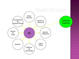 Redes
                      Neurales
   Procesamiento
        De
                                   Logaritmos           Sistemas
  Lenguaje Natural
                                    Genéricos
                                                        Expertos



Sistema
                                           Agentes
   De
 Visión
                        IA               Inteligentes




                                     Lógica
      Robótica
                                     Difusa
                      Sistemas
                          De
                     Aprendizaje
 