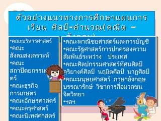 ตั ว อย่ า งแนวทางการศึ ก ษาแผนการ
       เรี ย น ศิ ล ป์ - คำ า นวณ ( คณิ ต –
•คณะบริหารศาสตร์
                     อั ง กฤษ )
                    •คณะพาณิชยศาสตร์และการบัญชี
•คณะ              •คณะรัฐศาสตร์การปกครองความ
สังคมสงเคราะห์    สัมพันธ์ระหว่าง ประเทศ
•คณะ              •คณะศิลปกรรมศาสตร์ทัศนศิลป์
สถาปัตยกรรมศาส    ดุริยางค์ศิลป์ นฤมิตศิลป์ นาฏศิลป์
ตร์               •คณะมนุษยศาสตร์ ภาษาอังกฤษ
•คณะธุรกิจ        บรรณารักษ์ วิชาการสื่อมวลชน
การเกษตร          จิตวิทยา
•คณะอักษรศาสตร์   •ฯลฯ
•คณะครุศาสตร์
•คณะนิเทศศาสตร์                                    18
 