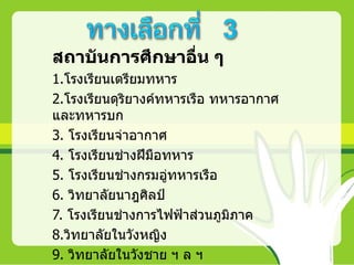 สถาบันการศึกษาอื่น ๆ
1.โรงเรียนเตรียมทหาร
2.โรงเรียนดุริยางค์ทหารเรือ ทหารอากาศ
และทหารบก
3. โรงเรียนจ่าอากาศ
4. โรงเรียนช่างฝีมือทหาร
5. โรงเรียนช่างกรมอูทหารเรือ
                     ่
6. วิทยาลัยนาฎศิลป์
7. โรงเรียนช่างการไฟฟ้าส่วนภูมิภาค
8.วิทยาลัยในวังหญิง
9. วิทยาลัยในวังชาย ฯ ล ฯ
 