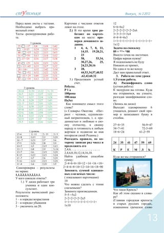 3`2012

                                  .                                                   12
                                  -                         .                         6+6=6 2
                                            2.)                                   -   2+2+2+2+2+2=2 6
            -                     -                                               -   3+3+3+3=3 4
  .                                                                      :        -   4+4+4=4 3
                                                                                  -   1+1+1+1+1+1+1+1+1+1+1+1=
                                                            .                           12
                                                  1       4, 6, 7, 8, 11,
                                                          14,15. 19.20,21,            89 + **= *00
                                                          23
                                                  2       58,         53,34,                                                       !
                                                          30,27,26,      25,
                                                          24,23,20,16                                                          ,
                                                  3       28,
                                                          44,53,34,57,40.52                                                                  .
                                                          .62,42.60.32                  3.
                                            3.)                                       1.                               .
                                                      .                                 )
                                                  .                                                            )
                                        1                                                                                               .
                                      100                                                                          ,                             ,
                                      100                                                                                                        -
                                                                                        .
                                                                                                                   )
                                             ?                                                                                                   6
                                      («              »                      «    -                   ,                                          -
                                              -                 ,                 -
                                                                    , . .         -               .
                                                                                  -
                                                                ,                     27+8=35                                        56-9=47
                                                                                      34+7=41                                        72-3=69
                                                                                      18+6=24                                      61-2=59
                                                                             .)
                                                                     ,            -
                                                                                      24     35           41       47               59       69

                                      2,4,6, …, … , … , … , …, …
                                      2,4,6,8,10,12,14,16,18.
                                                                                                                                         ?
                                            :
                                       2+4+6+8+10+12 +14 +16 +18=
                  –                   2+4+6+8+10+12+14+16+18=90
           .                                                    -
1,1,2,2,2,3,3,2,2,1,1.                                     :
                              ?        (                     )
      1.)                              10
                                  -
                    .                                 ?
                                                                                                                           ?
                                  -                                          .
                                                                                                                                                 -
                :                     5+5 =5 2
                                                                                        ?
1–                                    2+2+2+2+2=2 5
2–                                    1+1+1+1+1+1+1+1+1+1=
                                                                                                                                                  ,
3–                      20.             10



                                                                                                                                             13
 
