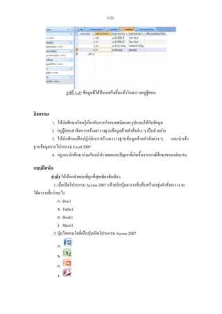 3-21




                    รูปที่ 3-41 ขอมูลที่ไดปอนเสร็จสิ้นแลวในตารางครูผูสอน


กิจกรรม
          1. ใหนักศึกษาเรียนรูเกี่ยวกับการกําหนดชนิดและรูปแบบใหกับขอมูล
          2. ครูผูสอนสาธิตการสรางตารางฐานขอมูลดวยคําสั่งตาง ๆ เปนตัวอยาง
          3. ใหนักศึกษาฝกปฏิบัติการสรางตารางฐานขอมูลดวยคําสั่งตาง ๆ และนําเขา
ฐานขอมูลจากโปรแกรม Excel 2007
          4. ครูและนักศึกษารวมกันอภิปรายผลและปญหาที่เกิดขึ้นจากกรณีศึกษาของแตละคน

แบบฝกหัด
            คําสั่ง ใหเลือกคําตอบที่ถูกที่สุดเพียงขอเดียว
             1. เมื่อเปดโปรแกรม Access 2007 แลวคลิกปุมตารางที่แท็บสรางกลุมคําสั่งตาราง จะ
ไดตารางชื่อวาอะไร
                ก. Doc1
                ข. Table1
                ค. Book1
                ง. Sheet1
             2. ปุมไอคอนใดที่เปนปุมเปดโปรแกรม Access 2007

              ก.
              ข.
              ค.
              ง.
 