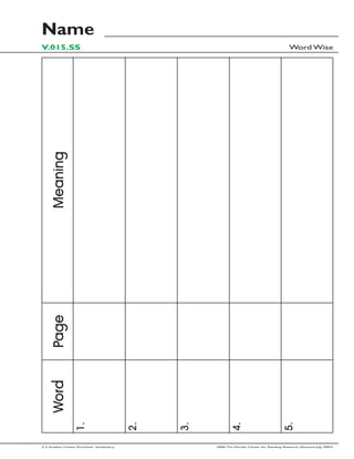 Name
V.015.SS                                                                                      Word Wise

    Meaning
    Page
    Word
                  1.




                                            2.




                                                 3.




                                                             4.




                                                                                          5.




2-3 Student Center Activities: Vocabulary             2006 The Florida Center for Reading Research (Revised July, 2007)
 