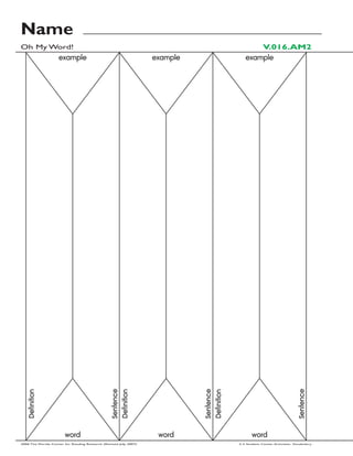 Name
Oh My Word!                                                                                       V.016.AM2
                     example                                        example                   example




                                                  Sentence




                                                                              Sentence




                                                                                                                            Sentence
   Definition




                                                  Definition




                                                                              Definition




                        word                                         word                         word
2006 The Florida Center for Reading Research (Revised July, 2007)                          2-3 Student Center Activities: Vocabulary
 
