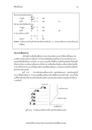 ฟสิกสเบื้องตน                                                                                     34


พิจารณารถพวงคันแรกในระบบ
       จากสูตร             ∑ F =             ma
       จะได             T1 − T2 =           ma                         (1)
พิจารณารถพวงคันที่สองในระบบ
         จากสูตร           ∑F       =        ma
         จะได             T2       =        ma                         (2)
นํา (2) แทนใน (1) จะได
                           T1 − T2 =         T2
       แสดงวา             T1      =         2T2
คําตอบ แรงดึงระหวางหัวรถจักรกับรถพวงคันแรกจะมีคาเปน 2 เทาของแรงดึงระหวางรถพวงคันแรกกับ
       คันที่สอง



3.6 แรงเสียดทาน
                เมื่อวัตถุมีการเคลื่อนที่บนพื้นผิวเราจะพบวามีแรงเสียดทานระหวางพื้นผิวเกิดขึ้นเสมอ โดย
แรงเสียดทานเปนแรงตานการเคลื่อนที่ กระทําในแนวผิวสัมผัสของวัตถุทั้งสอง ถาออกแรงผลักวัตถุ มวล m
และปลอยใหเคลื่อนที่ดวยความเร็วตน v0 ตามแนวราบของโตะ ไปไดสักระยะหนึ่งวัตถุจะหยุดนิ่ง ที่เปนเชนนี้
ก็เนื่องจากเกิดแรง แรงเสียดทานซึ่งสวนทางกับทิศทางการเคลื่อนที่ของวัตถุนั้น แรงเสียดทานมีประโยชนใน
การดํารงชีวิตประจําวัน เพราะถาไมมีแรงเสียดทานทุกพื้นผิวจะลื่นหมด เราจะไมสามารถเดินไปตามพื้นหรือ
ขับรถไปตามทองถนนได
               รูปที่ 3.12          ถาเราผลักกลองบนพื้นแนวระดับ ขณะเริ่มตนออกแรง กลองยังคงอยูกับที่
เพราะวาพื้นมีแรงเสียดทาน ถาออกแรงเพิ่มขึ้นแรงเสียดทานก็จะเพิ่มขึ้นเทากับแรงที่เราผลัก จนกระทั่งเพิ่ม
แรงขึ้นไปจนถึงระดับหนึ่งกลองจะเริ่มเคลื่อนที่แรงเสียดทานจะลดลงเปนแรงเสียดทานจลนและจะคงที่ตลอด
การเคลื่อนที่
                                             แรงที่กระทํา

                                                                        แรงเสียดทานจลน




                                                                      แรงเสียดทานสถิต



                                                                แรงเสียดทาน
                   รูปที่ 3.12 กราฟแสดงแรงเสียดทานเมื่อ ผลักกลองบนพื้นแนวระดับ




                   สําหรับนักศึกษาคณะสถาปตยกรรมศาสตร/เทคโนโลยีสื่อสารมวลชน
 