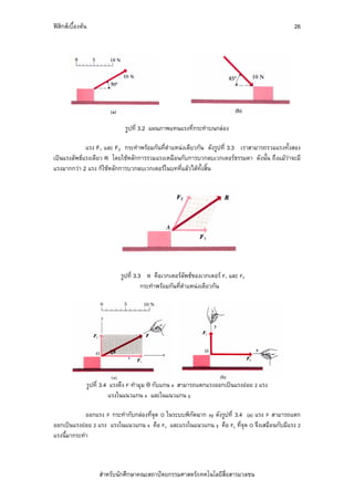 ฟสิกสเบื้องตน                                                                              26




                              รูปที่ 3.2 แผนภาพแทนแรงที่กระทําบนกลอง

             แรง F1 และ F2 กระทําพรอมกันที่ตําแหนงเดียวกัน ดังรูปที่ 3.3 เราสามารถรวมแรงทั้งสอง
เปนแรงลัพธแรงเดียว R โดยใชหลักการรวมแรงเหมือนกับการบวกลบเวกเตอรธรรมดา ดังนั้น ถึงแมวาจะมี
แรงมากกวา 2 แรง ก็ใชหลักการบวกลบเวกเตอรในบทที่แลวไดทั้งสิ้น




                            รูปที่ 3.3 R คือเวกเตอรลัพธของเวกเตอร F1 และ F2
                                      กระทําพรอมกันที่ตําแหนงเดียวกัน




               รูปที่ 3.4 แรงดึง F ทํามุม θ กับแกน x สามารถแตกแรงออกเปนแรงยอย 2 แรง
                          แรงในแนวแกน x และในแนวแกน y

             ออกแรง F กระทํากับกลองที่จุด O ในระบบพิกัดฉาก xy ดังรูปที่ 3.4 (a) แรง F สามารถแตก
ออกเปนแรงยอย 2 แรง แรงในแนวแกน x คือ Fx และแรงในแนวแกน y คือ Fy ที่จุด O จึงเสมือนกับมีแรง 2
แรงนี้มากระทํา



                   สําหรับนักศึกษาคณะสถาปตยกรรมศาสตร/เทคโนโลยีสื่อสารมวลชน
 