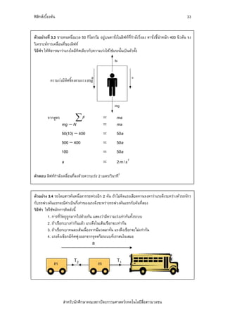 ฟสิกสเบื้องตน                                                                                        33


ตัวอยางที่ 3.3 ชายคนหนึ่งมวล 50 กิโลกรัม อยูบนตาชั่งในลิฟทที่กําลังวิ่งลง ตาชั่งชี้นําหนัก 400 นิวตัน จง
วิเคราะหการเคลื่อนที่ของลิฟท
วิธีทํา ใหพิจารณาวาแรงใดมีทิศเดียวกับความเรงใหใชแรงนั้นเปนตัวตั้ง




            ความเรงมีทิศชี้ลงตามแรง mg




          จากสูตร           ∑F                 =        ma
                    mg − N                     =        ma
                    50(10) − 400               =        50a
                    500 − 400                  =        50a
                    100                        =        50a
                    a                          =        2m / s2

คําตอบ ลิฟทกําลังเคลื่อนที่ลงดวยความเรง 2 เมตร/วินาที2


ตัวอยาง 3.4 รถโดยสารคันหนึ่งลากรถพวงอีก 2 คัน ถาไมคิดแรงเสียดทานจงหาวาแรงดึงระหวางหัวรถจักร
กับรถพวงคันแรกจะมีคาเปนกีเทาของแรงดึงระหวางรถพวงคันแรกกับคันที่สอง
                               ่
วิธีทํา ใหใชหลักการคิดดังนี้
         1. การที่วัตถุถูกลากไปดวยกัน แสดงวามีความเรงเทากันทั้งระบบ
         2. ถาเชือกเบาเทากันแลว แรงตึงในเสนเชือกจะเทากัน
         3. ถาเชือกเบาคนละเสนเนื่องจากมีมวลมาคั่น แรงตึงเชือกจะไมเทากัน
         4. แรงตึงเชือกมีทิศพุงออกจากจุดหรือระบบที่เราสนใจเสมอ




                    สําหรับนักศึกษาคณะสถาปตยกรรมศาสตร/เทคโนโลยีสื่อสารมวลชน
 