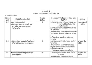 หมวดที่ 5
                                      แผนการสอนและการประเมิน ผล
1. แผนการสอน
สัป ดา                                      จำา นวน     กิจ กรรมการเรีย นการสอน และ
           หัว ข้อ /รายละเอีย ด                                                                     ผู้ส อน
  ห์ท ี่                                    ชั่ว โมง              สื่อ ที่ใ ช้
 1-2   บทนำา (Introduction)                    3       1. ชีแจงกระบวนการเรียนการสอน ของ
                                                             ้                                    นายชนาธิป
        ศึกษาความหมาย ทฤษฎี แนว                                  วิชาความรู้เบื้องต้นเกี่ยวกับ     ศรีโท
         ความคิด และขอบเขตของ                                     การบริหารรัฐกิจ
         รัฐวิสาหกิจ                                   2. การบรรยายตามหัวข้อที่กำาหนด โดย
                                                       ใช้โปรแกรม
                                                           Power Point และการซักถามนักศึกษา
                                                       ในหัวข้อที่สำาคัญต่อการพัฒนาการเรียน
                                                       รู้
                                                       3. ให้นักศึกษาตอบปัญหาหลังการ
                                                       บรรยาย
 3-4      ศึกษานโยบายของรัฐเกี่ยวกับการ       9       1. บรรยายตามหัวข้อที่กำาหนด โดยใช้         นายชนาธิป
           บริหารวิวัฒนาการของการบริหาร                โปรแกรม                                    ศรีโท
                                                           Power Point และการซักถาม ตอบ
                                                       ปัญหานักศึกษาในประเด็นที่นักศึกษา
                                                       สงสัยหรือไม่เข้าใจ
                                                       2. ให้นักศึกษาทดสอบย่อยครั้งที่ 1
 5-7    ศึกษาการบริหารรัฐกิจและการ            9       1. บรรยายตามหัวข้อที่กำาหนด โดยใช้         นายชนาธิป
         บริหารธุรกิจ                                             โปรแกรม                         ศรีโท
                                                           Power Point และการซักถาม ตอบ
 