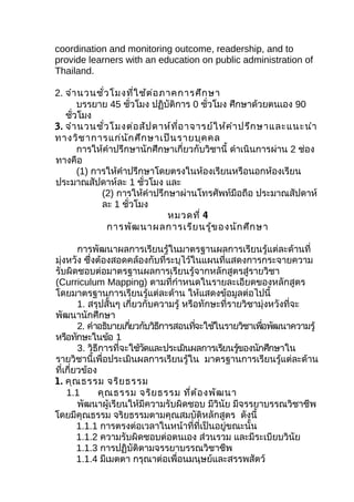 coordination and monitoring outcome, readership, and to
provide learners with an education on public administration of
Thailand.

2. จำา นวนชั่ว โมงที่ใ ช้ต ่อ ภาคการศึก ษา
       บรรยาย 45 ชั่วโมง ปฏิบัติการ 0 ชั่วโมง ศึกษาด้วยตนเอง 90
   ชั่วโมง
3. จำา นวนชั่ว โมงต่อ สัป ดาห์ท ี่อ าจารย์ใ ห้ค ำา ปรึก ษาและแนะนำา
ทางวิช าการแก่น ัก ศึก ษาเป็น รายบุค คล
       การให้คำาปรึกษานักศึกษาเกี่ยวกับวิชานี้ ดำาเนินการผ่าน 2 ช่อง
ทางคือ
       (1) การให้คำาปรึกษาโดยตรงในห้องเรียนหรือนอกห้องเรียน
ประมาณสัปดาห์ละ 1 ชั่วโมง และ
             (2) การให้คำาปรึกษาผ่านโทรศัพท์มือถือ ประมาณสัปดาห์
             ละ 1 ชั่วโมง
                               หมวดที่ 4
              การพัฒ นาผลการเรีย นรู้ข องนัก ศึก ษา

        การพัฒนาผลการเรียนรู้ในมาตรฐานผลการเรียนรู้แต่ละด้านที่
มุ่งหวัง ซึ่งต้องสอดคล้องกับที่ระบุไว้ในแผนที่แสดงการกระจายความ
รับผิดชอบต่อมาตรฐานผลการเรียนรู้จากหลักสูตรสู่รายวิชา
(Curriculum Mapping) ตามที่กำาหนดในรายละเอียดของหลักสูตร
โดยมาตรฐานการเรียนรู้แต่ละด้าน ให้แสดงข้อมูลต่อไปนี้
        1. สรุปสั้นๆ เกี่ยวกับความรู้ หรือทักษะที่รายวิชามุ่งหวังที่จะ
พัฒนานักศึกษา
        2. คำาอธิบายเกียวกับวิธการสอนทีจะใช้ในรายวิชาเพือพัฒนาความรู้
                       ่       ี         ่                ่
หรือทักษะในข้อ 1
        3. วิธีการที่จะใช้วดและประเมินผลการเรียนรูของนักศึกษาใน
                           ั                        ้
รายวิชานี้เพื่อประเมินผลการเรียนรู้ใน มาตรฐานการเรียนรู้แต่ละด้าน
ที่เกี่ยวข้อง
1. คุณ ธรรม จริย ธรรม
    1.1       คุณ ธรรม จริย ธรรม ที่ต ้อ งพัฒ นา
        พัฒนาผู้เรียนให้มีความรับผิดชอบ มีวินัย มีจรรยาบรรณวิชาชีพ
โดยมีคุณธรรม จริยธรรมตามคุณสมบัติหลักสูตร ดังนี้
        1.1.1 การตรงต่อเวลาในหน้าที่ที่เป็นอยู่ขณะนั้น
        1.1.2 ความรับผิดชอบต่อตนเอง ส่วนรวม และมีระเบียบวินัย
        1.1.3 การปฏิบัติตามจรรยาบรรณวิชาชีพ
        1.1.4 มีเมตตา กรุณาต่อเพื่อนมนุษย์และสรรพสัตว์
 