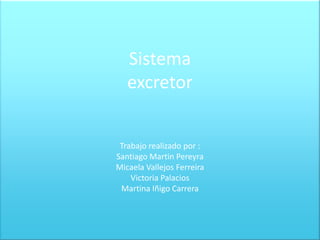 Sistema
   excretor


 Trabajo realizado por :
Santiago Martin Pereyra
Micaela Vallejos Ferreira
    Victoria Palacios
 Martina Iñigo Carrera
 