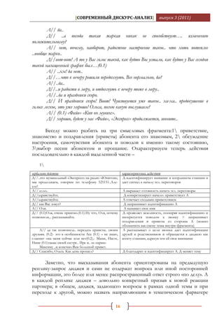 [СОВРЕМЕННЫЙ ДИСКУРС-АНАЛИЗ]                       выпуск 3 (2011)

        А// да..
        Д// ..а погода такая жаркая никак не способствует…. изменению
положительному?
        А// нет, почему, наоборот, радостное настроение такое.. что хоть потеплее
..вообще жарко..
        Д//вот-вот! А то у Вас голос такой, как будто Вы устали, как будто у Вас сегодня
такой насыщенный график был…(0.1)
        А// ..хм! да нет..
        Д//…что к вечеру решили передохнуть. Все нормально, да?
        А//..да..
        Д//..и радости в меру, и отдохнуть к вечеру тоже в меру..
        А//..да и праздники скоро.
        Д// И праздники скоро! Воот! Чувствуется уже такое.. ха-ха.. предвкушение в
голосе легкое, это уже хорошо! Ольга, песню какую послушаем?
        А// (0.1) «Файв» «Кип он мувинг».
        Д// хорошо, будет у нас «Файв», «Экспресс» продолжается, звоните..

     Беседу можно разбить на три смысловых фрагмента:1 приветствие,
знакомство и поздравления (приветы) абонента его знакомым, 2 обсуждение
настроения, самочувствия абонента и поводов к именно такому состоянию,
3выбор песни абонентом и прощание. Охарактеризуем теперь действия
последовательно в каждой выделенной части –
    1
вербальное действие                                      характеристика действия
Д//..это музыкальный «Экспресс» на радио «Юнитон»,       Д идентифицирует название и координаты станции и
мы продолжаем, говорим по телефону 525151..Але-          дает сигнал к началу тел. переговоров
але!
А// алло..                                               А выражает готовность начать тел. переговоры
Д//здравствуйте.                                          Д конкретизирует начало: приветствует А
А//здравствуйте.                                         А отвечает сходным приветствием
Д// как Вас зовут?                                        Д запрашивает идентификацию А
А// Оля.                                                  А называет свое имя
Д// (0.1)Оля, очень приятно.(0.1).Ну что, Оля, почему    Д проявляет вежливость, поощряя идентификацию и
позвонили,.. рассказывайте.                              интересуется поводом к звонку = запрашивает
                                                         поздравления и приветы со стороны А (можно
                                                         обозначить как смену темы внутри фрагмента)
    А// да так позвонила.. передать приветы.. своим      А рассказывает о цели звонка: дает идентификации
друзьям. (0.2)- это в особенности Асе (0.1) – не знаю,   друзей и родственников и обращается к диджею как
слышит она меня сейчас или нет(0.2),- Маше, Насте,       агенту станции, адресуя тем ей свое внимание
Нине (0.1)также своей сестре.. Ире и.. ее парню
    Максиму ..и конечно Вам большой привет.
Д// Спасибо, Ольга. Как день прошел?                     Д благодарит и идентифицирует А. Д меняет тему


     Заметно, что высказывания абонента ориентированы на предыдущую
реплику-запрос диджея и сами не содержат вопроса или иной посторонней
информации, это более или менее распространенный ответ строго «по делу». А
в каждой реплике диджея – довольно конкретный призыв к новой реакции
партнера; в общем, диджея, задающего вопросы в рамках одной темы и при
переходе к другой, можно назвать направляющим в тематическом фарватере

                                                    16
 