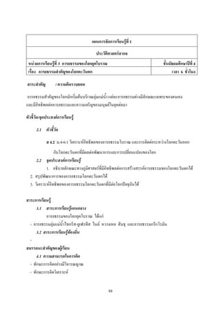 แผนการจัดการเรียนรู้ที่ 1

                                       ประวัติศาสตร์สากล
 หน่วยการเรียนรู้ที่ 3 อารยธรรมของโลกยุคโบราณ                              ชั้นมัธยมศึกษาปีที่ 4
 เรื่อง อารยธรรมสาคัญของโลกตะวันตก                                               เวลา 6 ชั่วโมง

สาระสาคัญ          / ความคิดรวบยอด

อารยธรรมส้าคัญของโลกมักเริ่มต้นบริเวณลุ่มแม่น้า แต่ละอารยธรรมต่างมีลักษณะเฉพาะของตนเอง
และมีอิทธิพลต่ออารยธรรมและความเจริญของมนุษย์ในยุคต่อมา

ตัวชี้วัด/จุดประสงค์การเรียนรู้

      2.1 ตัวชี้วัด

             ส 4.2 ม.4-6/1 วิเคราะห์อิทธิพลของอารยธรรมโบราณ และการติดต่อระหว่างโลกตะวันออก
                 กับโลกตะวันตกที่มีผลต่อพัฒนาการและการเปลี่ยนแปลงของโลก
      2.2 จุดประสงค์การเรียนรู้
            1. อธิบายลักษณะทางภูมิศาสตร์ที่มีอิทธิพลต่อการสร้างสรรค์อารยธรรมของโลกตะวันตกได้
  2. สรุปพัฒนาการของอารยธรรมโลกตะวันตกได้
  3. วิเคราะห์อิทธิพลของอารยธรรมโลกตะวันตกที่มีต่อโลกปัจจุบันได้

สาระการเรียนรู้
      3.1 สาระการเรียนรู้แกนกลาง
           อารยธรรมของโลกยุคโบราณ ได้แก่
  - อารยธรรมลุ่มแม่น้าไทกริส-ยูเฟรทีส ไนล์ หวางเหอ สินธุ และอารยธรรมกรีกโรมัน
      3.2 สาระการเรียนรู้ท้องถิ่น
  -
สมรรถนะสาคัญของผู้เรียน
      4.1 ความสามารถในการคิด
  - ทักษะการคิดอย่างมีวิจารณญาณ
  - ทักษะการคิดวิเคราะห์


                                                88
 