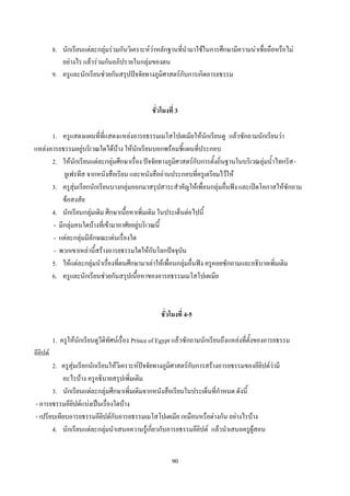 8. นักเรียนแต่ละกลุ่มร่วมกันวิเคราะห์ว่าหลักฐานที่น้ามาใช้ในการศึกษามีความน่าเชื่อถือหรือไม่
             อย่างไร แล้วร่วมกันอภิปรายในกลุ่มของตน
          9. ครูและนักเรียนช่วยกันสรุปปัจจัยทางภูมิศาสตร์กับการเกิดอารยธรรม


                                                 ชั่วโมงที่ 3

      1. ครูแสดงแผนที่ที่แสดงแหล่งอารยธรรมเมโสโปเตเมียให้นักเรียนดู แล้วซักถามนักเรียนว่า
แหล่งอารยธรรมอยู่บริเวณใดได้บ้าง ให้นักเรียนบอกพร้อมชี้แผนที่ประกอบ
      2. ให้นักเรียนแต่ละกลุ่มศึกษาเรื่อง ปัจจัยทางภูมิศาสตร์กับการตั้งถิ่นฐานในบริเวณลุ่มน้้าไทกริส -
           ยูเฟรทีส จากหนังสือเรียน และหนังสืออ่านประกอบที่ครูเตรียมไว้ให้
      3. ครูสุ่มเรียกนักเรียนบางกลุ่มออกมาสรุปสาระส้าคัญให้เพื่อนกลุ่มอื่นฟัง และเปิดโอกาสให้ซักถาม
          ข้อสงสัย
      4. นักเรียนกลุ่มเดิม ศึกษาเนื้อหาเพิ่มเติม ในประเด็นต่อไปนี้
       - มีกลุ่มคนใดบ้างที่เข้ามาอาศัยอยู่บริเวณนี้
       - แต่ละกลุ่มมีลักษณะเด่นเรื่องใด
       - พวกเขาเหล่านี้สร้างอารยธรรมใดให้กับโลกปัจจุบัน
      5. ให้แต่ละกลุ่มน้าเรื่องที่ตนศึกษามาเล่าให้เพื่อนกลุ่มอื่นฟัง ครูคอยซักถามและอธิบายเพิ่มเติม
      6. ครูและนักเรียนช่วยกันสรุปเนื้อหาของอารยธรรมเมโสโปเตเมีย



                                                     ชั่วโมงที่ 4-5

          1. ครูให้นักเรียนดูวีดิทัศน์เรื่อง Prince of Egypt แล้วซักถามนักเรียนถึงแหล่งที่ตั้งของอารยธรรม
อียิปต์
       2. ครูสุ่มเรียกนักเรียนให้วิเคราะห์ปัจจัยทางภูมิศาสตร์กับการสร้างอารยธรรมของอียิปต์ว่ามี
           อะไรบ้าง ครูอธิบายสรุปเพิ่มเติม
       3. นักเรียนแต่ละกลุ่มศึกษาเพิ่มเติมจากหนังสือเรียนในประเด็นที่ก้าหนด ดังนี้
- อารยธรรมอียิปต์แบ่งเป็นเรื่องใดบ้าง
- เปรียบเทียบอารยธรรมอียิปต์กับอารยธรรมเมโสโปเตเมีย เหมือนหรือต่างกัน อย่างไรบ้าง
       4. นักเรียนแต่ละกลุ่มน้าเสนอความรู้เกี่ยวกับอารยธรรมอียิปต์ แล้วน้าเสนอครูผู้สอน


                                                          90
 