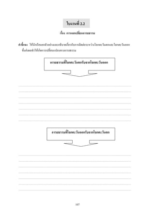 ใบงานที่ 2.2
                                เรื่อง การแลกเปลี่ยนอารยธรรม

คาชี้แจง ให้นักเรียนยกตัวอย่างและอธิบายเกี่ยวกับการติดต่อระหว่างโลกตะวันตกและโลกตะวันออก
  ซึ่งส่งผลท้าให้เกิดการเปลี่ยนแปลงทางอารยธรรม

                         อารยธรรมที่โลกตะวันตกรับจากโลกตะวันออก




                          อารยธรรมที่โลกตะวันออกรับจากโลกตะวันตก




                                             107
 
