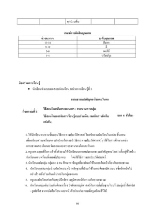 ทุกประเด็น

                                      เกณฑ์การตัดสินคุณภาพ
                  ช่วงคะแนน                                          ระดับคุณภาพ
                     13-16                                              ดีมาก
                      9-12                                                ดี
                       5-8                                              พอใช้
                       1-4                                             ปรับปรุง




กิจกรรมการเรียนรู้
        นักเรียนท้าแบบทดสอบก่อนเรียน หน่วยการเรียนรู้ที่ 3

                                             อารยธรรมสาคัญของโลกตะวันตก

                    วิธีสอนโดยเน้นกระบวนการ : กระบวนการกลุ่ม
  กิจกรรมที่ 1
                    วิธีสอนโดยการจัดการเรียนรู้แบบร่วมมือ : เทคนิคการจัดทีม          เวลา 6 ชั่วโมง
                    แข่งขัน


     1. ให้นักเรียนทบทวนขั้นตอนวิธีการทางประวัติศาสตร์โดยซักถามนักเรียนในแต่ละขั้นตอน
     เพื่อเตรียมความพร้อมของนักเรียนในการน้าวิธีการทางประวัติศาสตร์มาใช้ในการศึกษาแหล่ง
     อารยธรรมของโลกตะวันออกและอารยธรรมของโลกตะวันตก
     2. ครูแสดงแผนที่โลก แล้วตั้งค้าถามให้นักเรียนบอกแหล่งอารยธรรมส้าคัญของโลกว่า ตั้งอยู่ที่ใดบ้าง
     นักเรียนตอบพร้อมชี้แผนที่ประกอบ โดยใช้วิธีการทางประวัติศาสตร์
     3. นักเรียนแบ่งกลุ่ม กลุ่มละ 4 คน ศึกษาหาข้อมูลที่จะน้ามาใช้ในการค้นคว้าเกี่ยวกับอารยธรรม
     4. นักเรียนแต่ละกลุ่มร่วมกันวิเคราะห์ว่าหลักฐานที่น้ามาใช้ในการศึกษามีความน่าเชื่อถือหรือไม่
          อย่างไร แล้วร่วมกันอภิปรายในกลุ่มของตน
     5. ครูและนักเรียนช่วยกันสรุปปัจจัยทางภูมิศาสตร์กับการเกิดอารยธรรม
     6. นักเรียนกลุ่มเดิมร่วมกันศึกษาเรื่อง ปัจจัยทางภูมิศาสตร์กับการตั้งถิ่นฐานในบริเวณลุ่มน้้าไทกริส
          - ยูเฟรทีส จากหนังสือเรียน และหนังสืออ่านประกอบที่ครูเตรียมไว้ให้


                                                 80
 