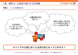 Version 10.11.1


１章　携帯メール配信で陥りがちな問題

問題 2 　メールが遅延する




                                           地震速報が翌日
                                            届いた！
                                                                お昼に送信したはずの
                                                                メールが夜中に届いて
       当日有効の                                                    クレーム対応が大変！
    クーポンメールが
    3 日後に届いた！




      キャリアの仕様に則った送信内容になっていますか？

        Copyright © KLab Inc. All right reserved   本章冊子の無断コピー、配布、転載は固く禁じます。            6
 