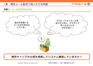 Version 10.11.1


１章　携帯メール配信で陥りがちな問題

問題 3 　メールが文字化けする




                                                         デコレーションメールを
      絵文字を使った                                           送りたいのに、どうやって
     メールが文字化け                                              作ったらいいか
       している！                                                分からない！




    携帯キャリアの仕様を理解してシステム構築していますか？

       Copyright © KLab Inc. All right reserved   本章冊子の無断コピー、配布、転載は固く禁じます。            7
 