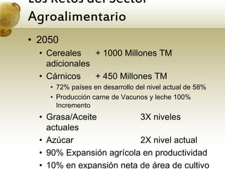 Los Retos del Sector
Agroalimentario
• 2050
  • Cereales    + 1000 Millones TM
    adicionales
  • Cárnicos    + 450 Millones TM
    • 72% países en desarrollo del nivel actual de 58%
    • Producción carne de Vacunos y leche 100%
      Incremento
  • Grasa/Aceite          3X niveles
    actuales
  • Azúcar                2X nivel actual
  • 90% Expansión agrícola en productividad
  • 10% en expansión neta de área de cultivo
 