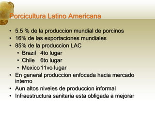 Porcicultura Latino Americana

• 5.5 % de la produccion mundial de porcinos
• 16% de las exportaciones mundiales
• 85% de la produccion LAC
   • Brazil 4to lugar
   • Chile 6to lugar
   • Mexico 11vo lugar
• En general produccion enfocada hacia mercado
  interno
• Aun altos niveles de produccion informal
• Infraestructura sanitaria esta obligada a mejorar
 