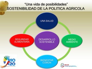 “Una vida de posibilidades”
SOSTENIBILIDAD DE LA POLITICA AGRICOLA


                  UNA SALUD




   SEGURIDAD     DESARROLLO    MEDIO
   ALIMENTARIA   SOSTENIBLE   AMBIENTE




                  BIENESTAR
                    COMÚN
 