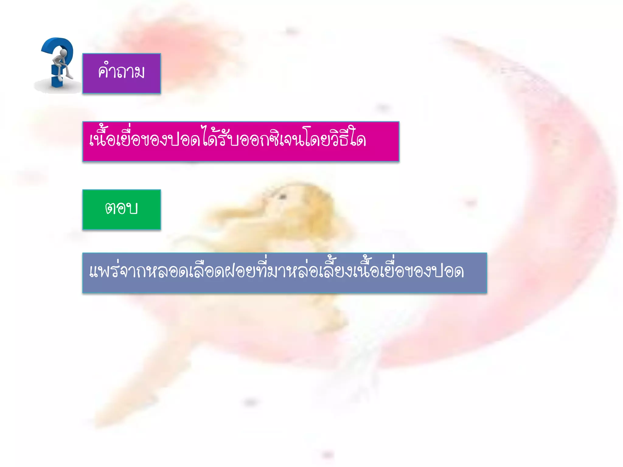 คาถาม
เนื้อเยื่อของปอดได้รับออกซิเจนโดยวิธีใด
ตอบ
แพร่จากหลอดเลือดฝอยที่มาหล่อเลี้ยงเนื้อเยื่อของปอด
 