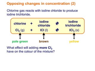 Opposing changes in concentration (2)
Chlorine gas reacts with iodine chloride to produce
iodine trichloride.

                       iodine                iodine
    chlorine    +     chloride            trichloride
      Cl2 (g)   +       ICl (l)               ICl3 (s)


   pale green          brown                 yellow
What effect will adding more Cl2
have on the colour of the mixture?
 