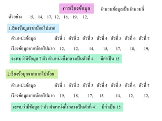 การเรี ยงข้อมูล          จานวนข้อมูลเป็ นจานวนคี่
ตัวอย่าง    15, 14, 17, 12, 18, 19, 12,
1.เรี ยงข้อมูลจากน้อยไปมาก
  ตาแหน่งข้อมูล              ตัวที่ 1 ตัวที่ 2 ตัวที่ 3 ตัวที่ 4 ตัวที่ 5 ตัวที่ 6 ตัวที่ 7
  เรี ยงข้อมูลจากน้อยไปมาก 12,           12,       14,      15,      17,      18,      19,
  จะพบว่ามีขอมูล 7 ตัว ตาแหน่งกึ่งกลางเป็ นตัวที่ 4
            ้                                              มีค่าเป็ น 15

2.เรี ยงข้อมูลจากมากไปน้อย
  ตาแหน่งข้อมูล              ตัวที่ 1 ตัวที่ 2 ตัวที่ 3 ตัวที่ 4 ตัวที่ 5 ตัวที่ 6 ตัวที่ 7
  เรี ยงข้อมูลจากน้อยไปมาก 19,           18,      17,     15,        14,     12,       12,
  จะพบว่ามีขอมูล 7 ตัว ตาแหน่งกึ่งกลางเป็ นตัวที่ 4
            ้                                              มีค่าเป็ น 15
 