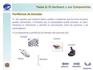 Periféricos de Entrada: Son aquellos que traducen datos, señales y programas que los seres humanos p ueden  comprender, a formatos que la computadora pueda procesar; es decir, interpreta la información y permite la comunicación entre las personas y las computadoras . Los dispositivos o periféricos de entrada más comunes son: Teclado   Joystick Tema 2:  El Hardware y sus Componentes Esquema Siguiente Anterior Micrófono Mouse Scanner 