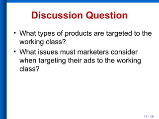 Discussion Question What types of products are targeted to the working class? What issues must marketers consider when targeting their ads to the working class? 