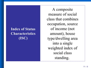 Index of Status Characteristics (ISC) A composite measure of social class that combines occupation, source of income (not amount), house type/dwelling area into a single weighted index of social class standing.  