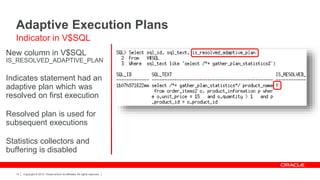 Copyright © 2012, Oracle and/or its affiliates. All rights reserved.14
New column in V$SQL
IS_RESOLVED_ADAPTIVE_PLAN
Indicates statement had an
adaptive plan which was
resolved on first execution
Resolved plan is used for
subsequent executions
Statistics collectors and
buffering is disabled
Adaptive Execution Plans
Indicator in V$SQL
 