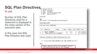 Copyright © 2012, Oracle and/or its affiliates. All rights reserved.33
Number of SQL Plan
Directives used for a
statement is displayed in
the notes section of the
execution plan
In this case one SQL
Plan Directive was used
SQL Plan Directives
In use
 