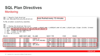 Copyright © 2012, Oracle and/or its affiliates. All rights reserved.34
SQL Plan Directives
Monitoring
Auto flushed every 15 minutes
 