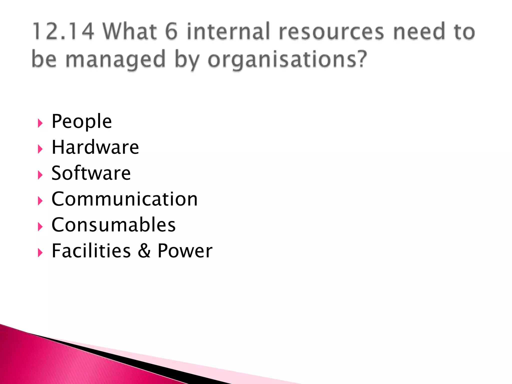    People
   Hardware
   Software
   Communication
   Consumables
   Facilities & Power
 