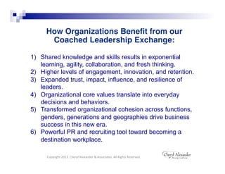  
                                                                         
                      
     How Organizations Beneﬁt from our 
      Coached Leadership Exchange: 	
  
                                                                        !
1)  Shared knowledge and skills results in exponential
    learning, agility, collaboration, and fresh thinking.
2)  Higher levels of engagement, innovation, and retention.
3)  Expanded trust, impact, influence, and resilience of
    leaders.
4)  Organizational core values translate into everyday
    decisions and behaviors.
5)  Transformed organizational cohesion across functions,
    genders, generations and geographies drive business
    success in this new era.
6)  Powerful PR and recruiting tool toward becoming a
    destination workplace.

     Copyright	
  2013.	
  Cheryl	
  Alexander	
  &	
  Associates.	
  All	
  Rights	
  Reserved.	
  
 !
 
